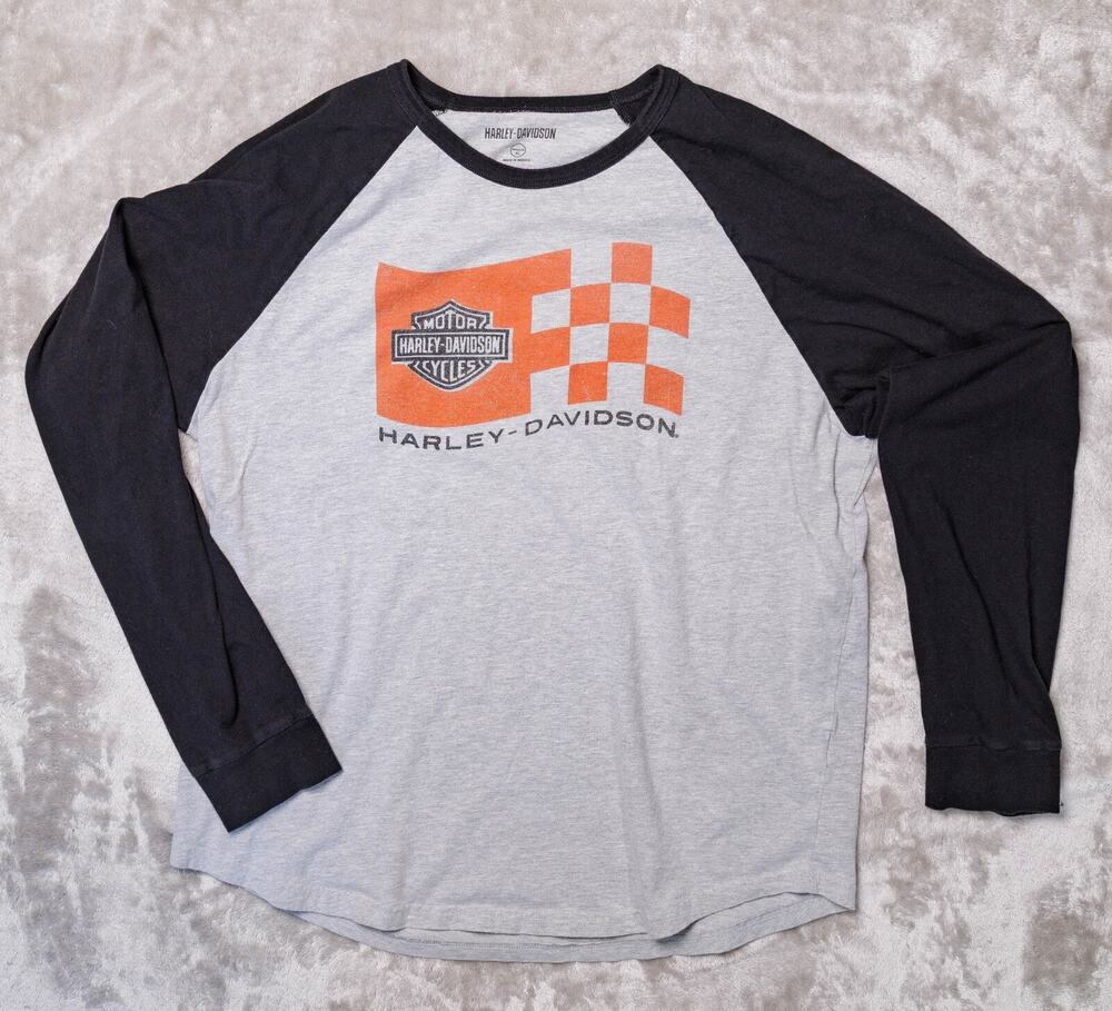 Harley Davidson USA Race Logo Baseball Tee Gray Black Long Sleeve Tshirt Mens L